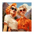 Kvadrat , to damer foran fjell , sommer , oransje og blondt hår , høy metning og kontrast , digital tegning    thumbnail