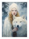 Ung kvinne med hvit kappe og lue , hvit hund thumbnail