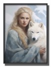 Blond dame med kappe uten hette ,hvit hund , dreamy   thumbnail