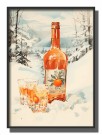 Flaske med appelsin , to drammglass , i snøen foran trærne , maleriposter  thumbnail