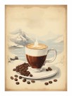 kaffekopp med kaffebønner foran sjø og fjellandskap  thumbnail