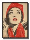 Retro dame , svart.hvitt , med rød lue og skjerf, sorte halvtoner , ser opp til høyre  thumbnail