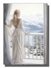 Blond kvinne med hvit kjole  på balkongen , ser utover fjell og vann  thumbnail