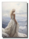  kvinne i hvit kjole ser utover et snødekt fjellandskap thumbnail