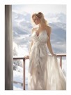 Blond kvinne i hvit kjole på balkong , med ryggen til landskapet  thumbnail