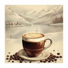 kaffekopp foran sjø og snødekte fjell , kvadratisk    thumbnail