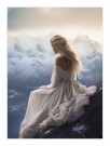 blond kvinne i hvite klær sitter på en fjellknaus og ser utover landskapet   thumbnail