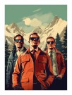 3 menn i retroklær foran fjellet , solbriller og oransje jakke  thumbnail