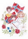 3 BARN MED NORSKE FLAGG, Flaskeetikett thumbnail