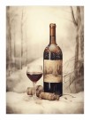 Flaske, vinglass med rødt i snøen foran skogen , retro  thumbnail