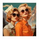 kvadrat , to damer , blomstrete og oransje overdel , blondt hår og briller , sommer dog snødektfjell v.side  høy metning thumbnail