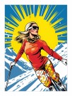 pop art , dame på ski , stor gul og rund sol med stråler , rød genser  thumbnail