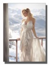 Blond kvinne i hvit kjole på balkong , med ryggen til landskapet  thumbnail