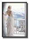 Blond kvinne med hvit kjole  på balkongen , ser utover fjell og vann  thumbnail