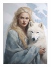 Blond dame med kappe uten hette ,hvit hund , dreamy   thumbnail