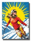 pop art , dame på ski , stor gul og rund sol med stråler , rød genser  thumbnail
