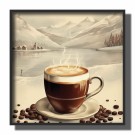 kaffekopp foran sjø og snødekte fjell , kvadratisk    thumbnail