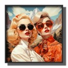 kvadrat , to damer i fjellet, blondt hår med rød strikk, dame h, røde briller høy metning og kontrast , digital tegning  thumbnail