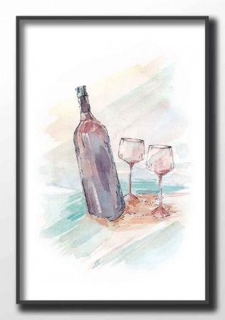 Vinflaske & glass i sanden , maleriprint, kyst , sommerplakater 