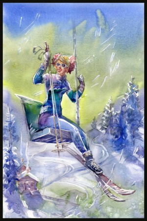 Dame i skiheis , ´blågrønn genser ,dusker i håret , uten tekst , printkopi av maleri