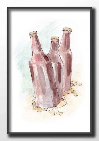 Ølflasker i sanden , maleriprint , kyst , sommerplakat 